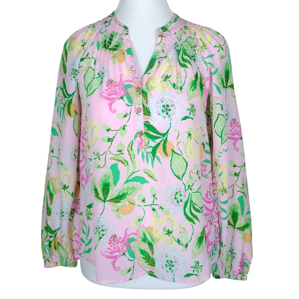 Lilly Pulitzer Elsa Top Via Amore Spritzer Pink 100% Silk Smocked Blouse XXS